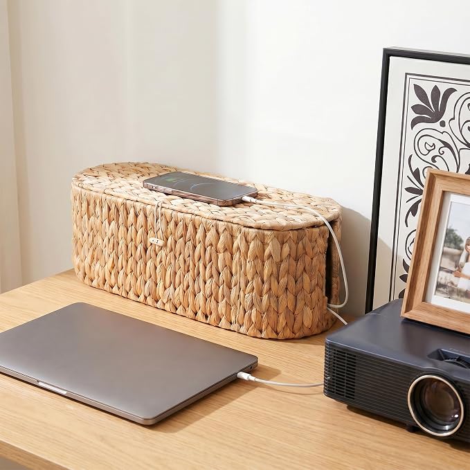 Set of 2 Cable Management Box, Handwoven Water Hyacinth Cord Hider Organizer Boxes with 3 Side Open Slots, Cable Organizer Box to Hide Cords Power Strip, USB Hub, TV Wires for Home, Office