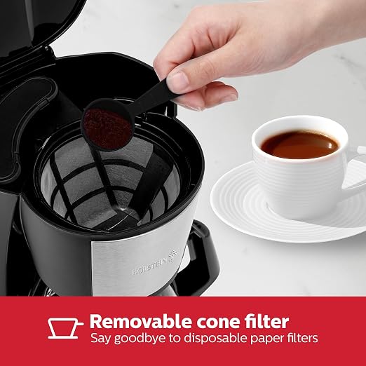 Holstein Housewares 5 Cup Drip Coffee Maker – Compact and User-Friendly with Auto Pause & Serve, Reusable Filter, Measuring Spoon & Glass Carafe, Office & Dorm Use, Black