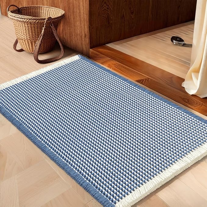 IM HOME Waffle Bath Mat Blue & Cream 36"x24", Boho Woven Modern Bath Mat Rugs, Absorbent Non Slip Bathroom Rugs, Soft Washable Bath Rugs with Tassels for Bathroom, Bedroom, Kitchen, Shower, Tub