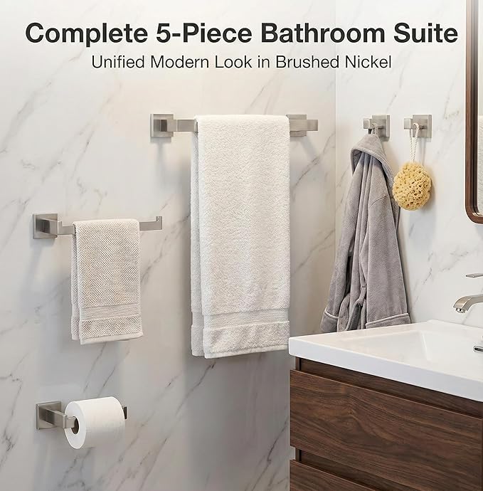 5 Piece Bathroom Hardware Set Brushed Nickel, SUS304 Stainless Steel Towel Bar Set, Modern Square Accessories with 16 Inch Rack Toilet Paper Holder Robe Hooks (Brushed Nickel)