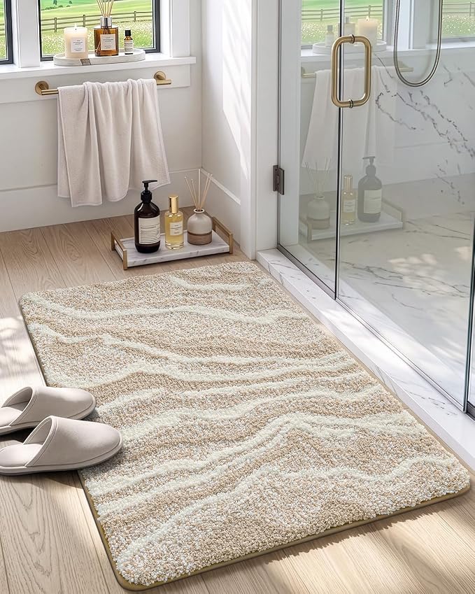 DEXI Bathroom Rug Mat 43x24, Soft and Absorbent Marble Bath Mat, Non Slip Machine Washable Bath Rugs for Shower Floor, Tub, Sink, Beige