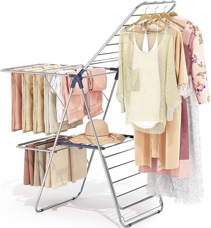 APEXCHASER Clothes Drying Rack with 4 Wings, Stainless Steel Drying Rack Clothing with Height-Adjustable, Foldable Gullwings Laundry Drying Rack, Indoor Outdoor Use, No Assembly, Regular Blue