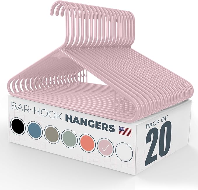 Plastic Hangers 20 Pack - Made in the USA - 6lb Capacity Standard Clothes Hangers with Strap Hooks for Dresses, Lingerie, Shirts, Pants, and Jackets - Rose