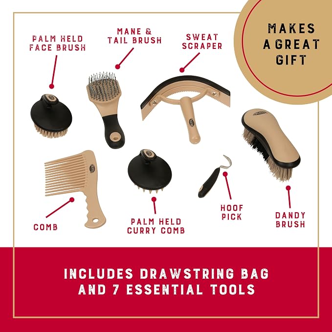 Weaver Equine Horse Grooming Kit, 7-Piece Horse Brush Set with Organizer Tote Bag, Hoof Pick, Comb, Sweat Scraper, Equine Tools for Daily Grooming, Insignia