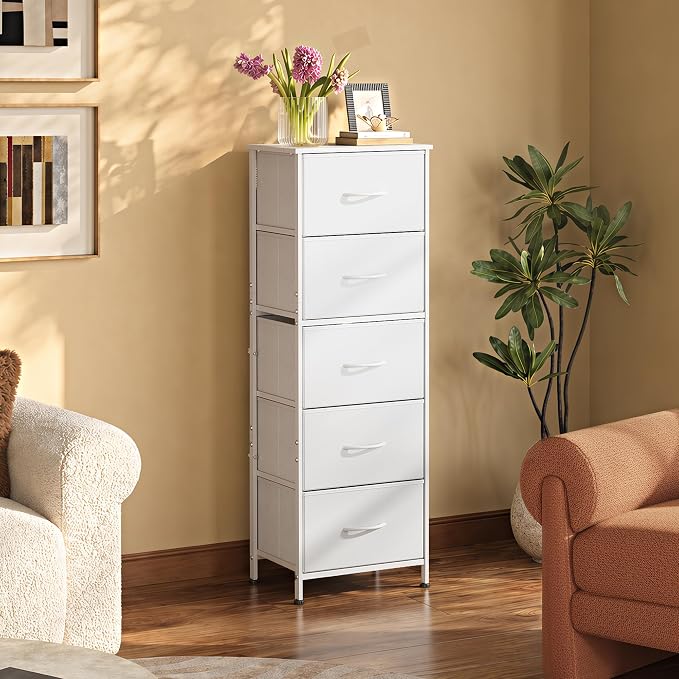 WLIVE Fabric Dresser, 5-Drawer Tall Dressers for Bedroom, Storage Dresser Organizer with Fabric Bins, Wood Top, Sturdy Steel Frame, Chest of Drawers for Closet, Hallway, White