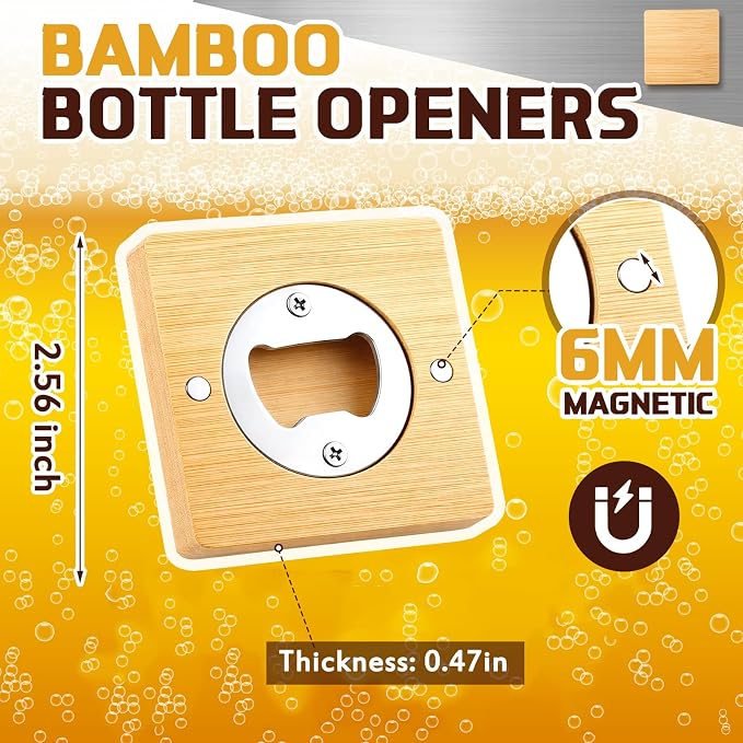 Vesici 24 Pcs Magnetic Bottle Opener 2.5in DIY Bamboo Square Shape Beer Openers Wooden Fridge Magnet Refrigerator Sticker Gift for Beer Lover Wedding Guest Kitchens Bars Parties