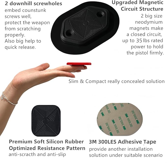 Gun Magnet 35lbs, No Drill 3M Big Adhesive Tape, Car Holster, Anti Scratch | | Neodymium Magnetic Gun Mount | Indoor Gun Racks for Vehicle Truck Wall Gun Safe Desk | Ultra Slim