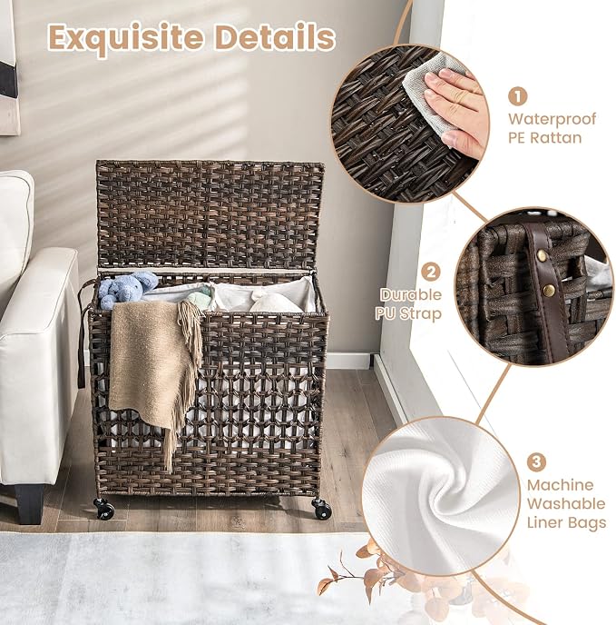 Giantex Laundry Hamper with Wheels and Lid, 33 Gal (125L) Wicker Laundry Basket, 2 Removable Liner Bags, Handles and Pulling Strap, Synthetic Rattan Rolling Laundry Hamper Clothes Storage