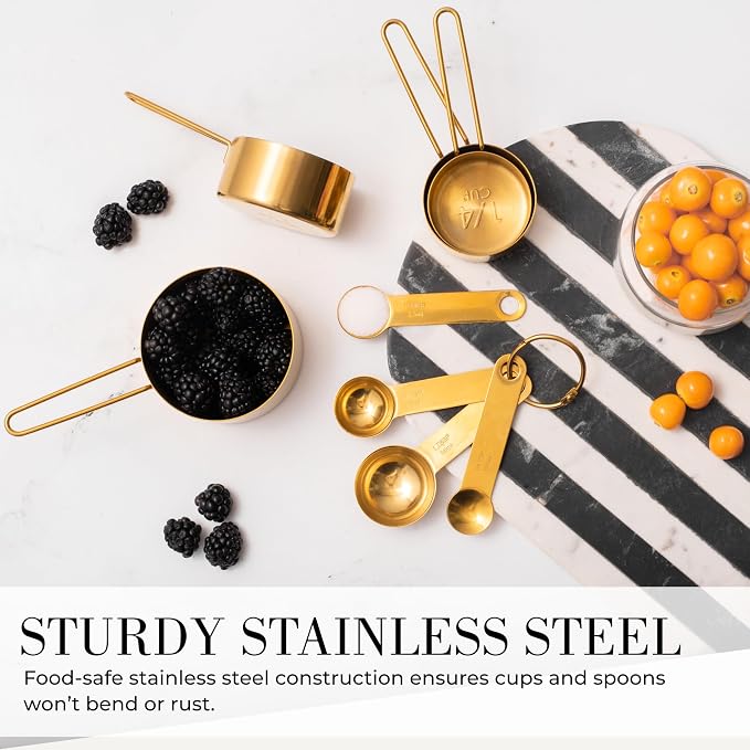 Styled Settings 33-Piece Blue and Copper Kitchen Bundle – 17-Piece Utensil Set, 8-Piece Magnetic Measuring Spoons, and 8-Piece Gold Stainless Steel Measuring Cups