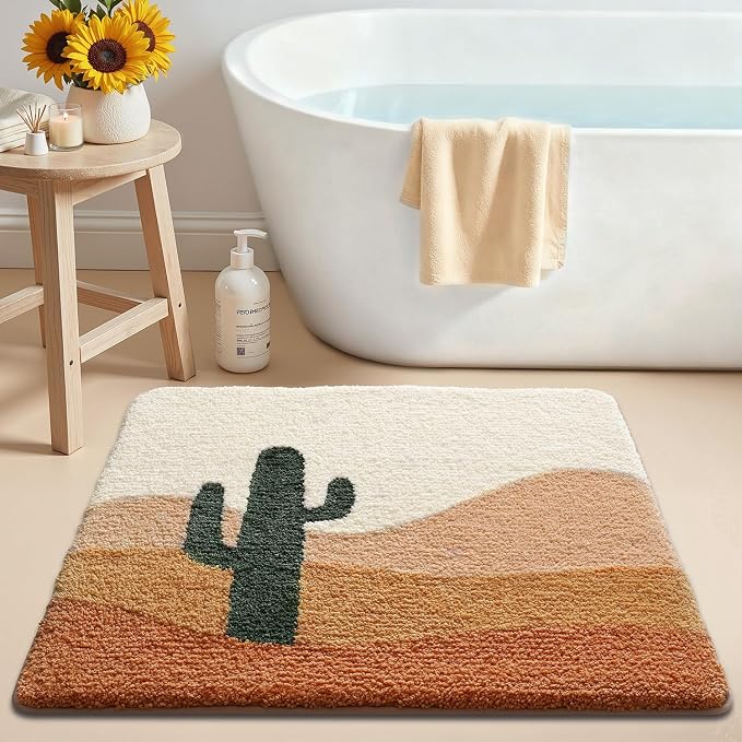 LUMI Bathroom Rugs with Cactus Plant, Square Bathroom Mat, Ultra Soft, Absorbent Quick Dry, Non-Slip Washable Shower Rugs, Luxury Carpet for Shower Floor, Bathtub, Home Decor, 26"x26"