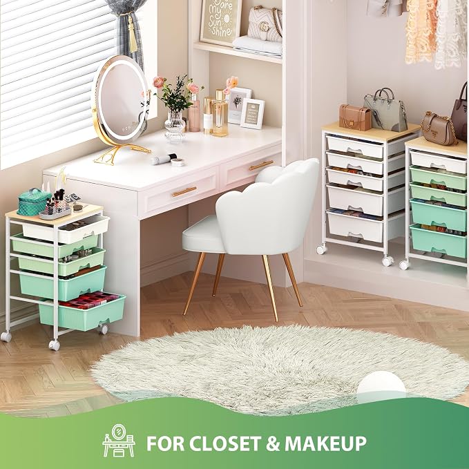 Goovilla Rolling Cart with 5 Drawers for Craft, Art, Dorm, Office, Green | Utility Cart Organizer With 5 Removable Drawers and Wooden Tabletop, Lockable Rolling Storage Organizer for Classroom, Home