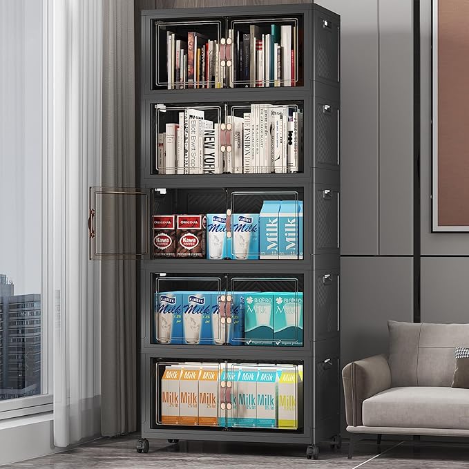 Stackable Storage Bins, 275QT Collapsible Drawers with 1 Lid | Large Capacity, Magnetic Door, Stack Lock, Rolling Wheels, Foldable Design, Organizers and Storage for Bedroom Dorm Garage