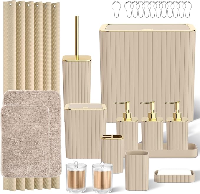 Bathroom Accessory Set - Bathroom Set, 27PC Bathroom Accessories Set, Beige Bathroom Sets with Shower Curtain and Rugs, Mini Trash Can, Toilet Brush, Trash Can & Soap Dispenser