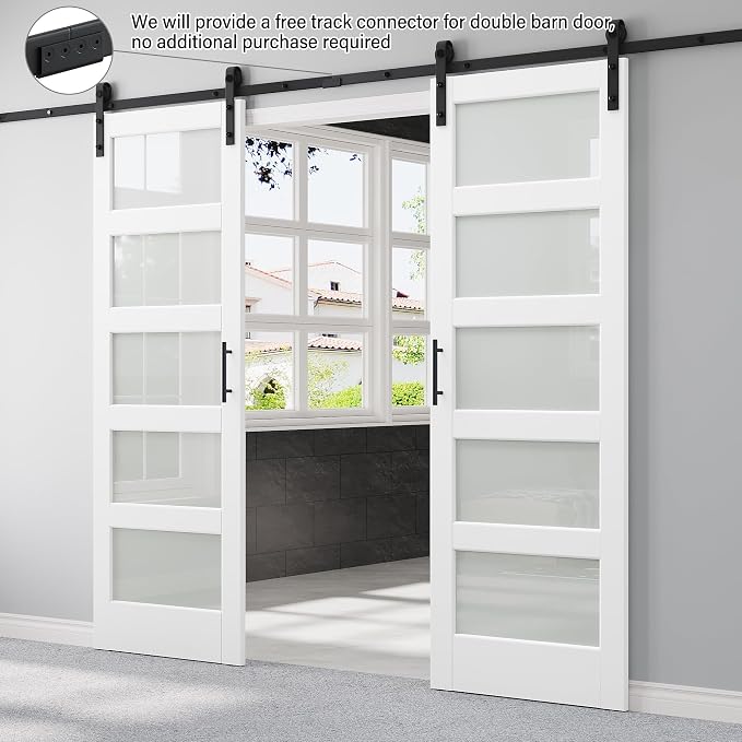 60" x 84" 5-Lites Frosted Glass Double Barn Doors and 12FT Track Hardware Kit, Easy Assembly for Mortise and Tenon Structure, Water & Scratch Resistant Sliding Barn Door, Easy to Clean, Pre-Drilled
