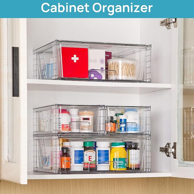 Vtopmart 5 Pack Stackable Storage Drawers, Easily Assemble Clear Plastic Organizer Bins, 3 Wide Drawers and 2 Small Drawers for Pantry, Kitchen Cabinet, Bathroom, Closet Organization and Storage