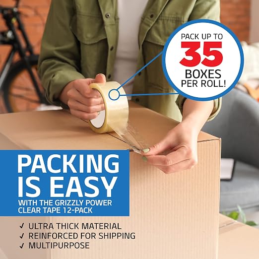 Grizzly Power Clear Packing Tape (12 Rolls) | Heavy Duty Packing Tape (2 Inch x 65 Yards) | 2.8mil Thick Strong Adhesive for Moving Boxes, Shipping Cartons, Office Use, Storage & Wrapping (780 Yards)