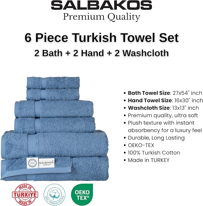 SALBAKOS 100% Turkish Cotton Bathroom Towel Set of 6-Piece, Blue | 630 Gsm Thick Super Soft Highly Absorbent 2 Bath + 2 Hand + 2 Washcloth Towels Sets, Giftable, Hotel Quality, Made in Turkey