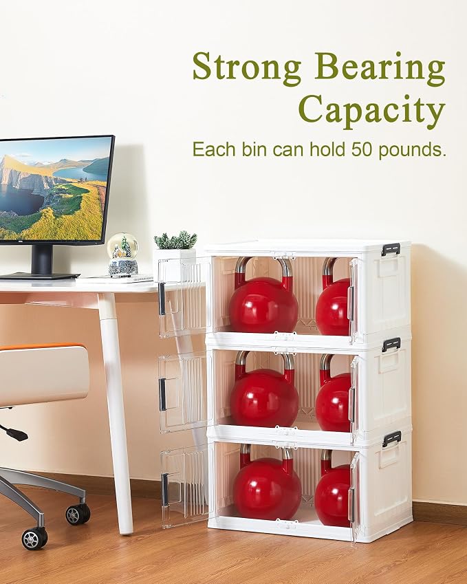 OlarHike 144QT Lockable Storage Bins with Lids - Folding Cabinet with Doors & Wheels, Collapsible Plastic Drawers for Dorm, Closets, Office, Game Day, College, Stackable Organizer, Gifts, 3 Pack