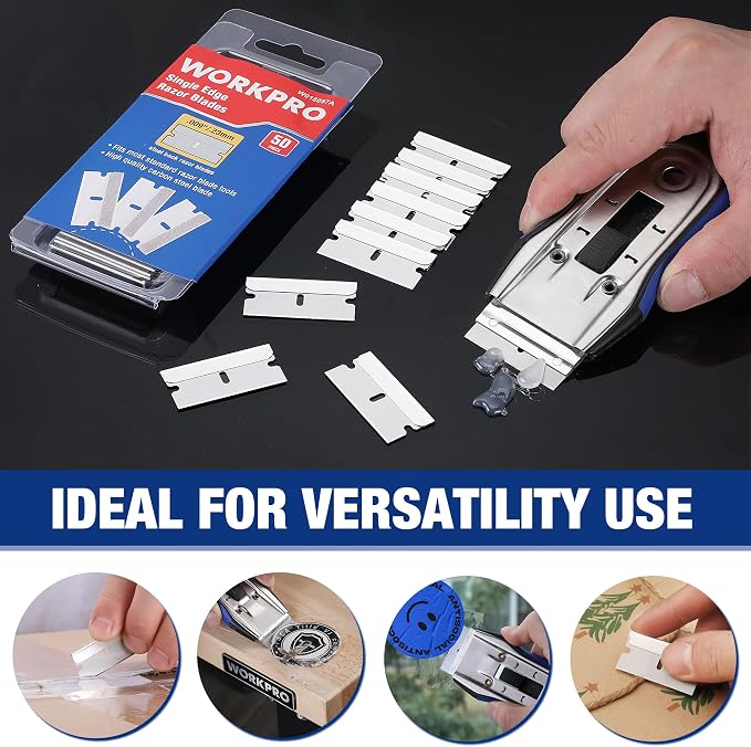 WORKPRO 50-Pack Single Edge Razor Blades, Carbon Steel Scraper Blades | Industrial Scraper Razor Blades, High Carbon Steel One Edge Razor Blades for Paint, Sticker & Label Removal