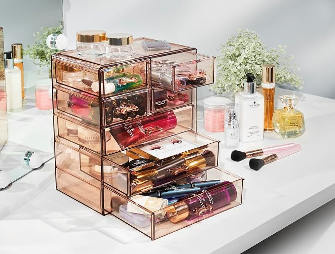 Sorbus Acrylic Makeup Organizer Set, 6-Drawer Vanity & Countertop Cosmetic Storage with Small & Wide Drawers, Bronze Glow Makeup Storage for Brushes, Lipsticks, Jewelry, Holiday Gift for Women & Teens