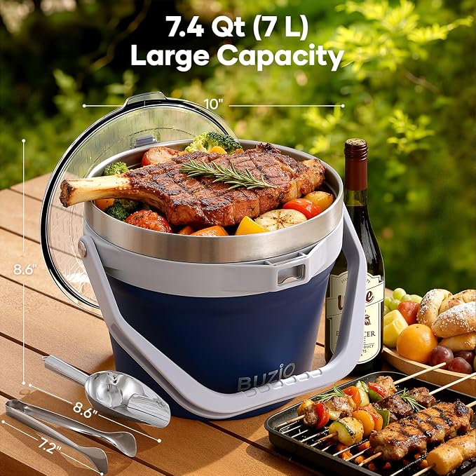 BUZIO 7 L Double Wall Ice Bucket for Parties with Lid and Scoop & Tongs | Insulated Vacuum Stainless Steel Ice Buckets with Handle and Adjustable Shoulder Strap, Fits 6 Longnecks or 3 Wine Bottles