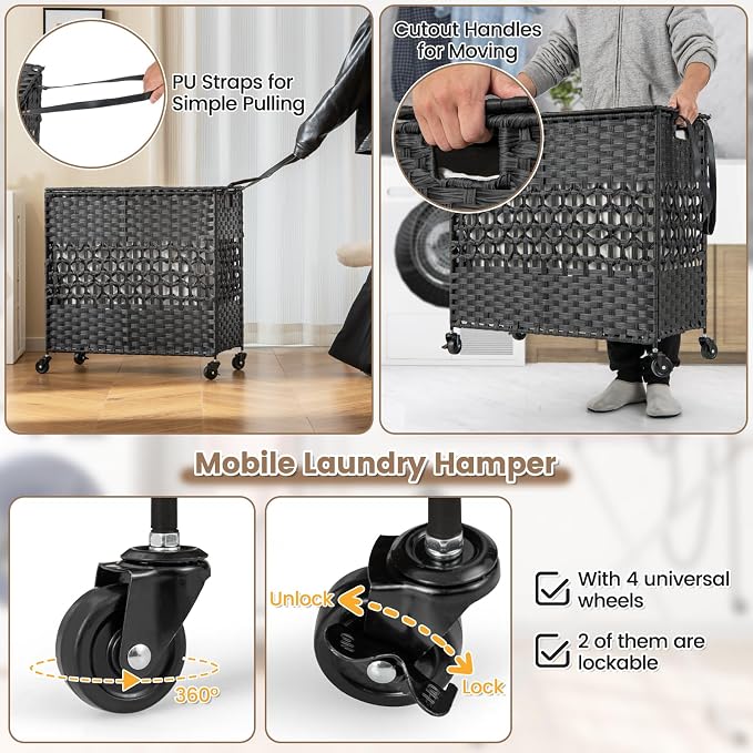 Giantex Laundry Hamper with Wheels and Lid, 33 Gal (125L) Wicker Laundry Basket, 2 Removable Liner Bags, Handles and Pulling Strap, Synthetic Rattan Rolling Laundry Hamper Clothes Storage