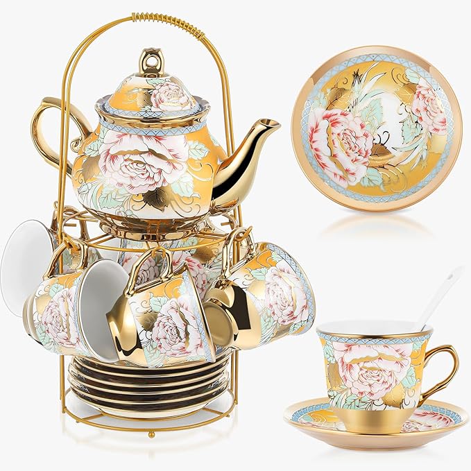 Zhehao 20 Pcs Porcelain Tea Set with Metal Holder and Spoon Adult Ceramic Tea Set European Flower Painting Teapot Cup Saucer Spoon for Women Mom Gift, Large Version (Classic Style)