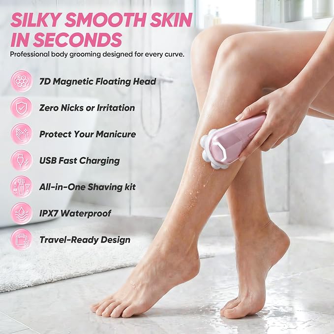 Electric Shaver for Women, Electric Razor with 7D Magnetic Shaver Heads, Wet Dry Bikini Trimmer Kit for Women & Men, Nose Ear Hair Trimmer, USB Rechargeable Clippers, Pink