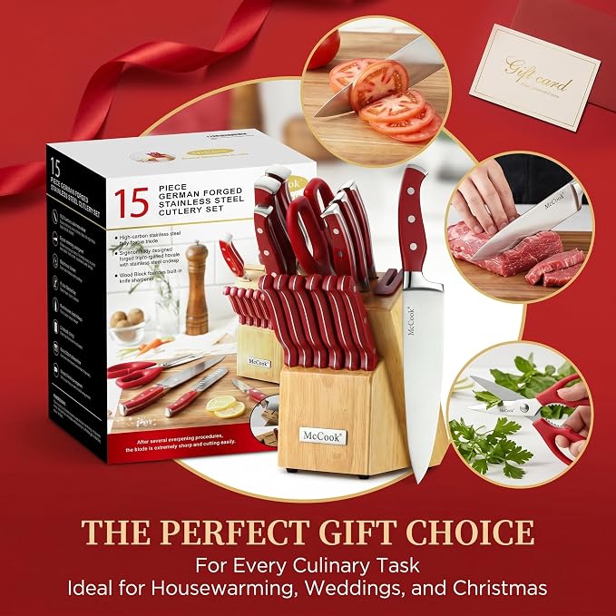 McCook Knife Set Red Kitchen Knife Block Set w Built-in Sharpener | German Forged Stainless Steel,15 PC,Razor Sharp, Anti-Rust,Ergonomic Handle,Full Tang,Vibrant Red, Gift Box