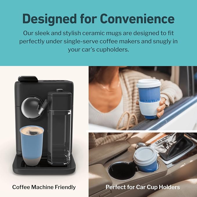NOVA CERAMICS Travel Mug - Ceramic Coffee Mug With Lid – Microwave & Dishwasher Safe Coffee White & Grey Tumbler - Fits In Cup Holder – 12oz – Coastal Drift