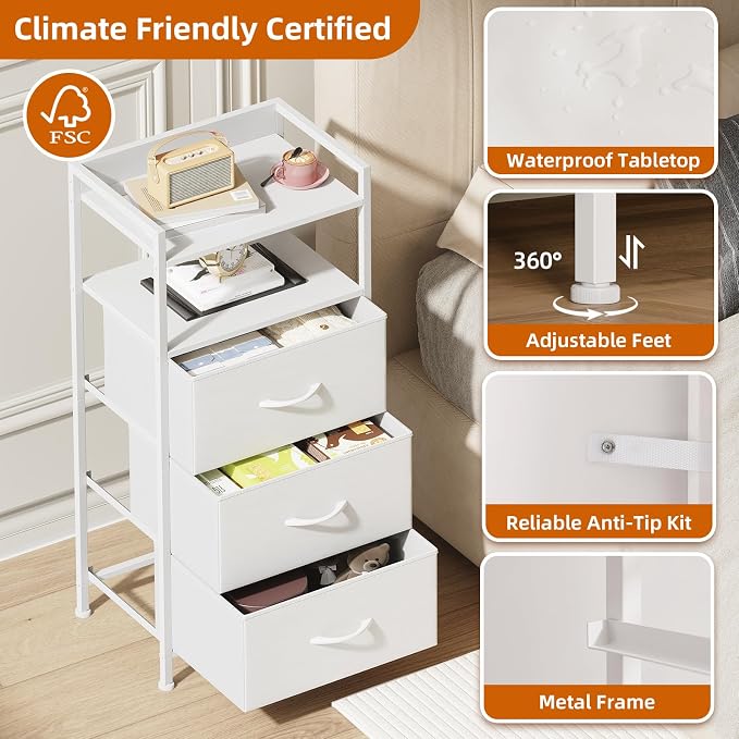 Somdot Nightstand with 3 Drawers, Dresser with Fabric Bins for Bedroom, Hallway, Entryway, Night Stand Bedside Table Furniture, Sturdy Steel Frame, Wooden Top, Easy Pull Fabric Bins, White Leather