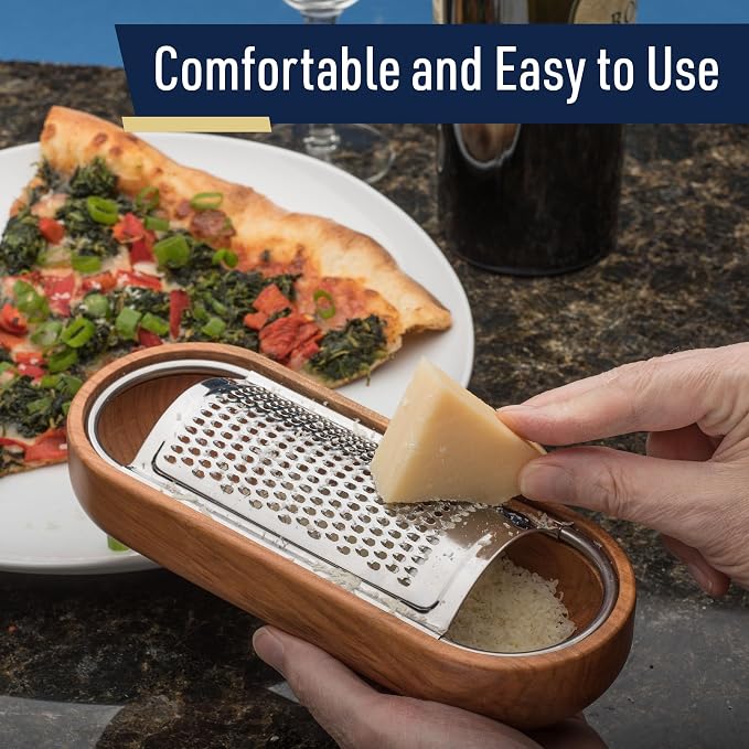 Cheese Grater with Container - Stainless Steel Cheese Grater with Cherrywood Serving Bowl - Fine Shredder Kitchen for Hard Cheese, Spices, and Zesting - Italian Kitchen Gadgets by Kings County Tools
