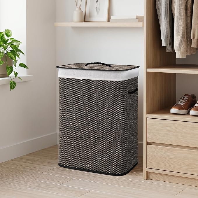 Giantex Bamboo Laundry Hamper with Lid, Removable Liner & Portable Handles | 19 Gal Large Capacity Clothes Hamper, Rectangular Laundry Basket for Bedroom Bathroom Laundry Room, Dark Taupe