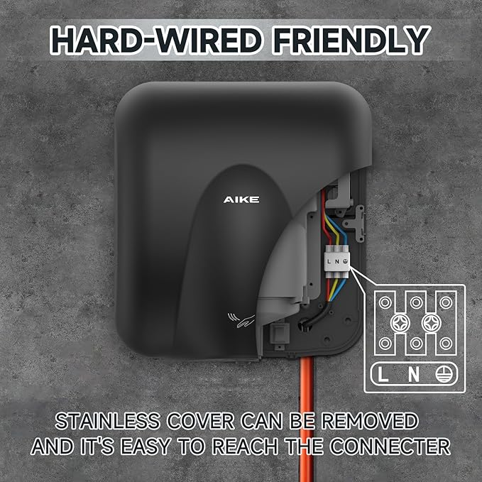 AIKE Heavy Duty Hand Dryer Hard-Wired Friendly 110V High Speed Matte Black Stainless Finish Model AK2811
