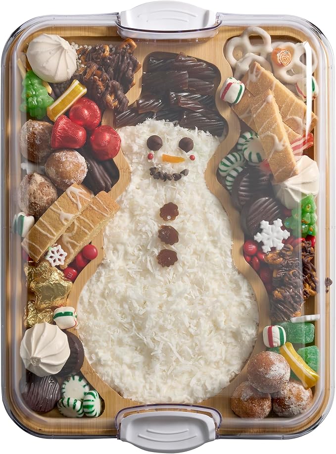 Farberware Build-A-Board Snowman Shaped Bamboo Serving Board with Clear Lid, Make and Take Holiday Charcuterie and Dessert Tray