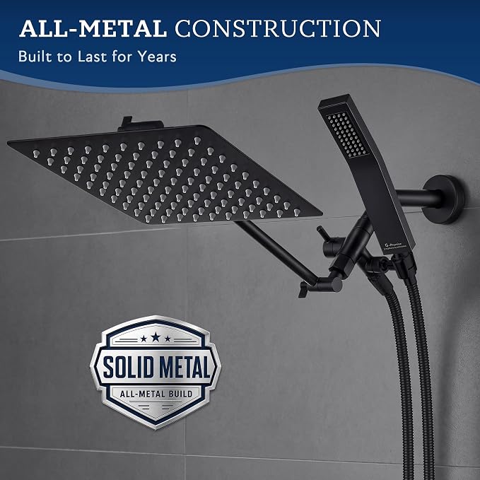 G-Promise All Metal 10" Dual Square Shower Head Combo | Rain Shower Head | Handheld Shower Wand | Adjustable | 3-Way Diverter | 71" Extra Long Hose - A Bathroom Upgrade (Matte Black)