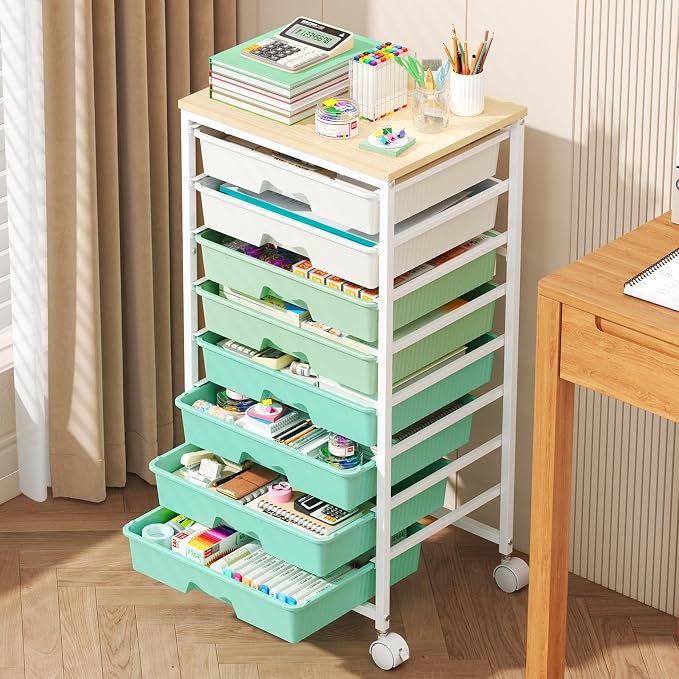 Goovilla Rolling Cart with Drawers, Utility Cart Organizer With 8 Removable Drawers and Wooden Tabletop, Lockable Rolling Storage Organizer for Art, Classroom, Home, Dorm, Office, Craft Storage, Green