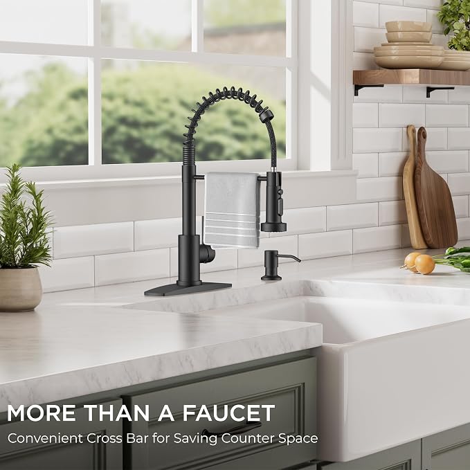 FORIOUS Kitchen Faucet with Soap Dispenser, Black Stainless Steel Sink Faucet with Sprayer Single Handle, Commercial Modern Spring Faucet for Kitchen Sink, Bar & Prep Sink, Laundry RV Camper