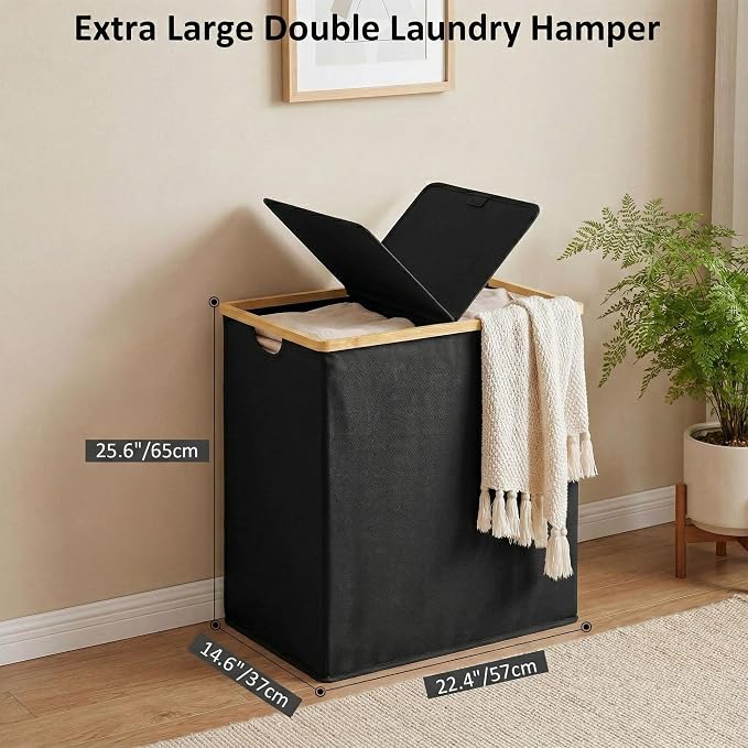 efluky Laundry Hamper with Lid, Double Laundry Basket with 2 Removable Bags, 2 Section Laundry Bin with Bamboo Handles for Bathroom, Bedroom & Laundry Room, 140L (36.9 Gallon) Black