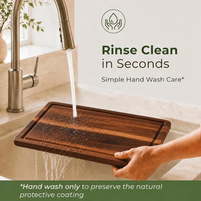 Acacia Wood Cutting Board Set of 3 with Holder & Juice Grooves | Built-in Handles, Durable – for Chopping, Food Prep & Serving as a Charcuterie Platter