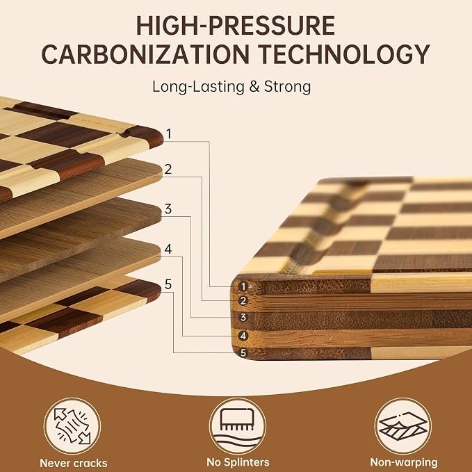 Checkered Cutting Board Set, Bamboo Cutting Board for Kitchen | 3pc, Non-Toxic, with Juice Groove,Wooden Charcuterie Boards, Non Slip Chopping Board, Housewarming Gift