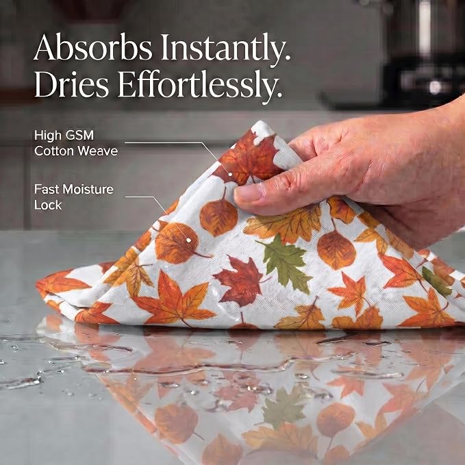 Urban Villa Kitchen Towels Harvest Leaves Print Dish Towels Set of 6 20" X30” 100% Cotton Highly Absorbent Quick Drying Dish Cloths & Dish Towels Thanksgiving Fall Tea Towels with Hanging Loop Towels