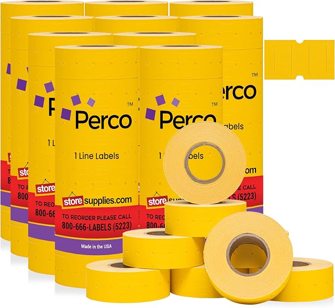 Perco 1 Line Yellow Labels - 80,000 Blank Price and Date Gun Labels for Perco Lite, X, Plus and Pro 1 Line Price and Date Guns - 80 Rolls, 10 Sleeves - Made in USA