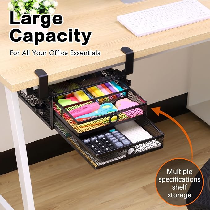 ROSYLINE Under Desk & Desktop Drawer Organizer, 2-Tier Big Capacity (Black) | Steel Construction, Clip-On No Drill Installation, Fits A4 Paper, for Office & Household Supplies