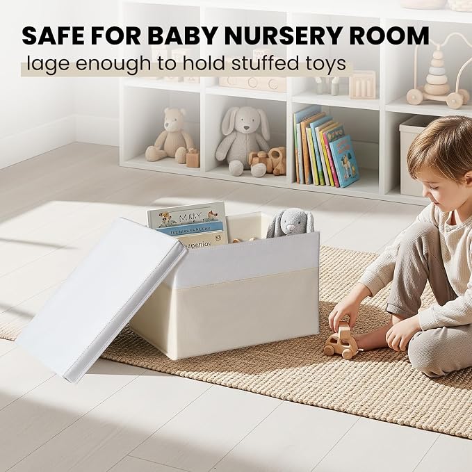Large Nursery Closet Organizer Bins with Lids 4 Pack - 23 QT Decorative Storage Baskets for Living Room Bedroom Shelf - Stackable Storage Boxes with Lids Handles for Clothes Sweater Book Towel Purse