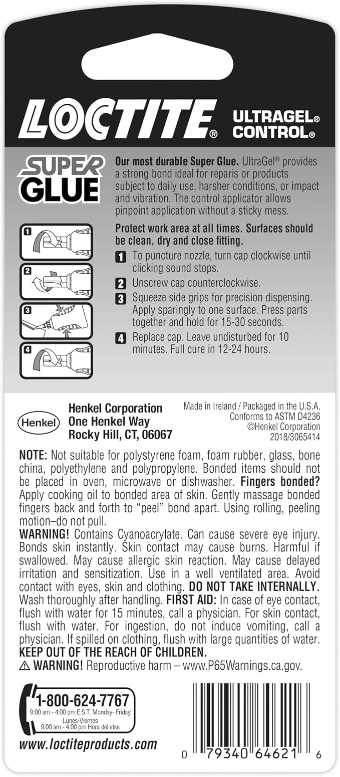 Loctite Super Glue Ultra Gel Control, Clear, 0.14 fl oz Bottle, 1 Pack - Superglue for Plastic, Wood, Metal, Crafts & Repair, Cyanoacrylate Adhesive Instant Glue, Quick Dry