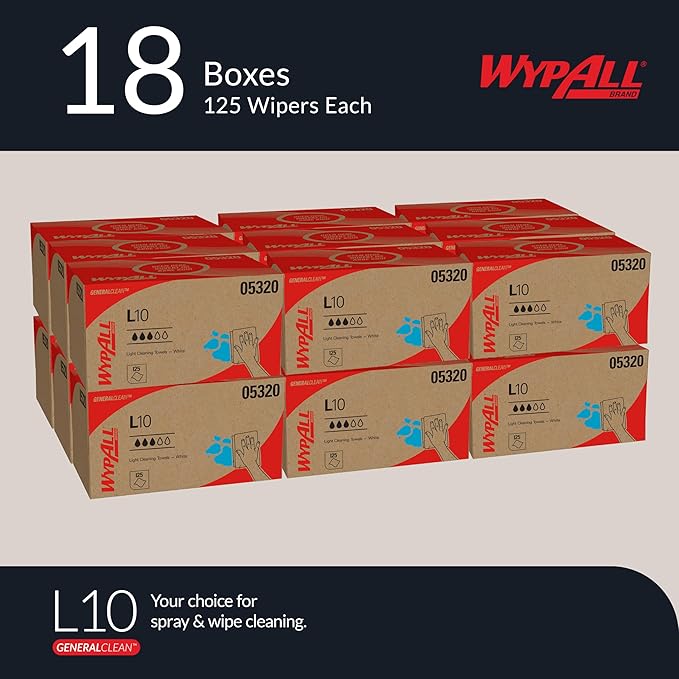 WypAll GeneralClean L10 Cloths Light Cleaning Wipes (05320), Pop-Up Box, Bulk Paper Wipers, White (18 Packs of 125 Sheets, 2,250 Sheet Total)
