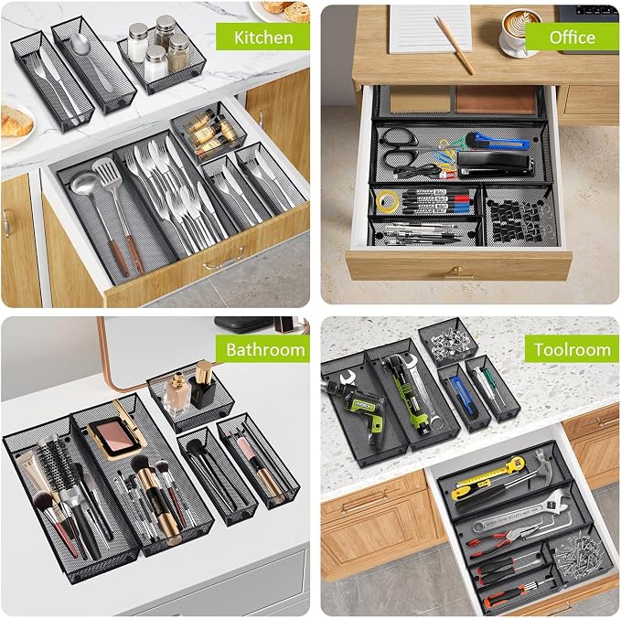 Neudeco Drawer Organizer, Black, 5 Pack, 15x6.2x2 inches | Metal Mesh Silverware Tray, Interlocking Design, 5 Compartment, For Kitchen Utensils