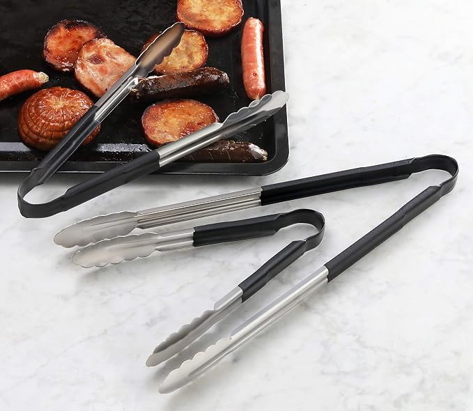 New Star Foodservice 35797 16-Inch Utility Spring Tongs, Stainless Steel, Vinyl Coated, Set of 12, Black
