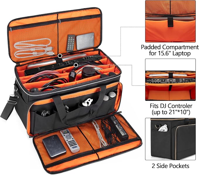 Trunab Large Travel DJ Cable File Bag with Inner Detachable Divider and Padded Compartment for 15.6” Laptop, Cable Organizer Bag for Cords, Sound Equipment, DJ Gear, Musician Accessories